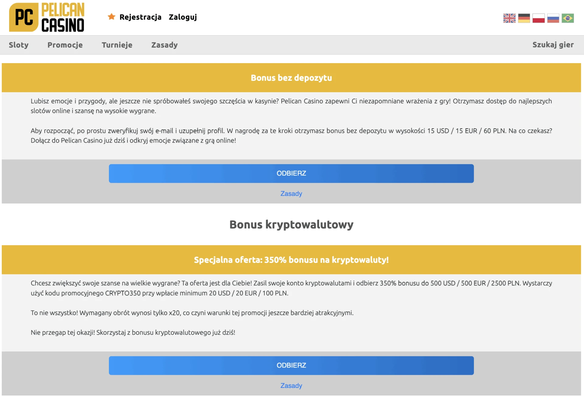 Bonusy bez depozytu i kryptowalutowe na Pelican Casino